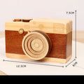 Pine wood camera-shaped music box with rotating mechanism on a wooden surface.