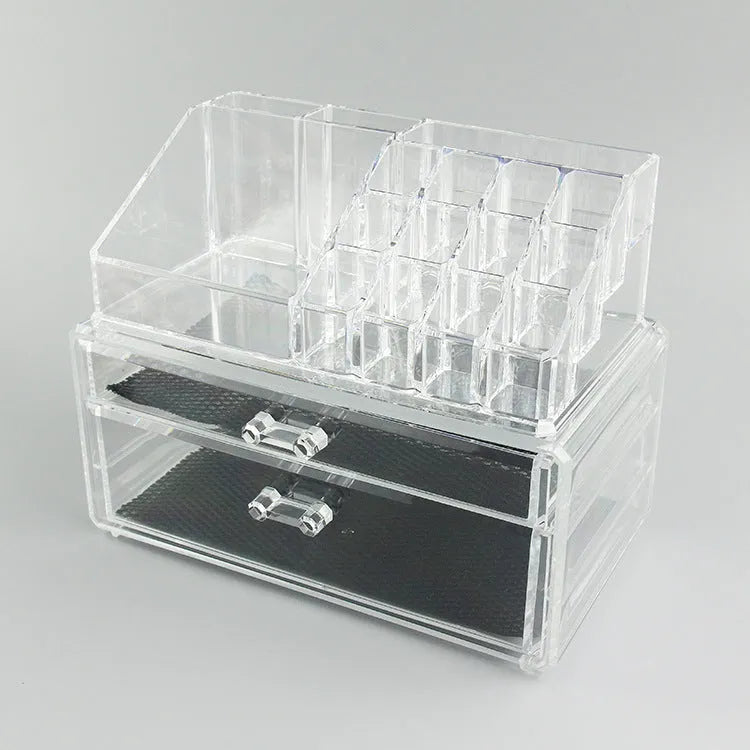 Transparent acrylic makeup storage organiser box with foldable design and 18-litre capacity