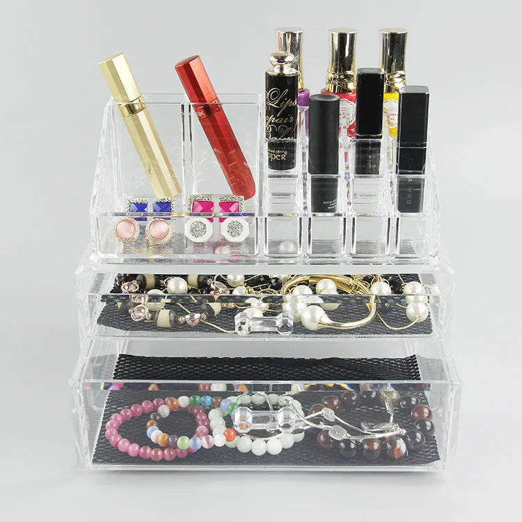 Transparent acrylic makeup storage organiser box with foldable design and 18-litre capacity