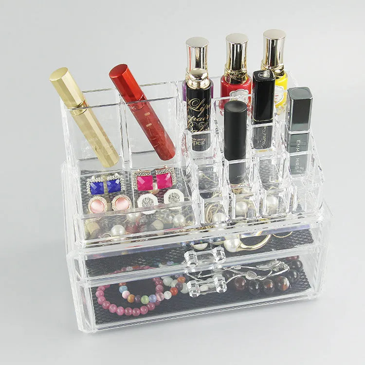 Transparent acrylic makeup storage organiser box with foldable design and 18-litre capacity