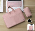 Blue PU leather laptop bag open to show internal padded computer compartment and organisation pockets.