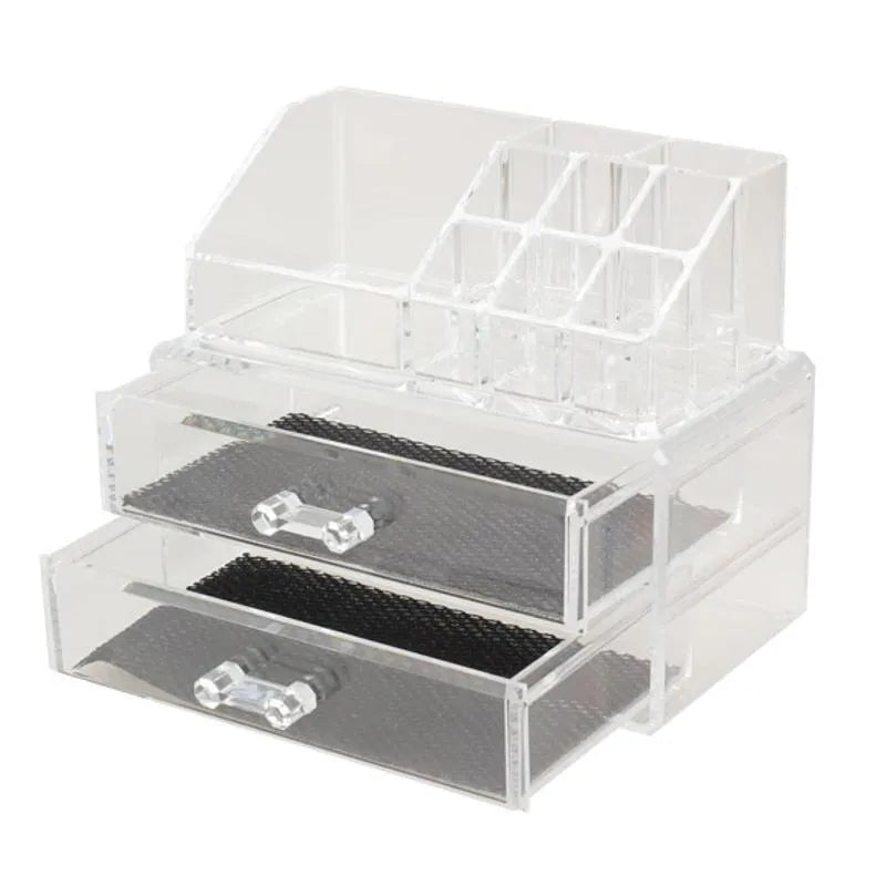 Transparent acrylic makeup storage organiser box with foldable design and 18-litre capacity