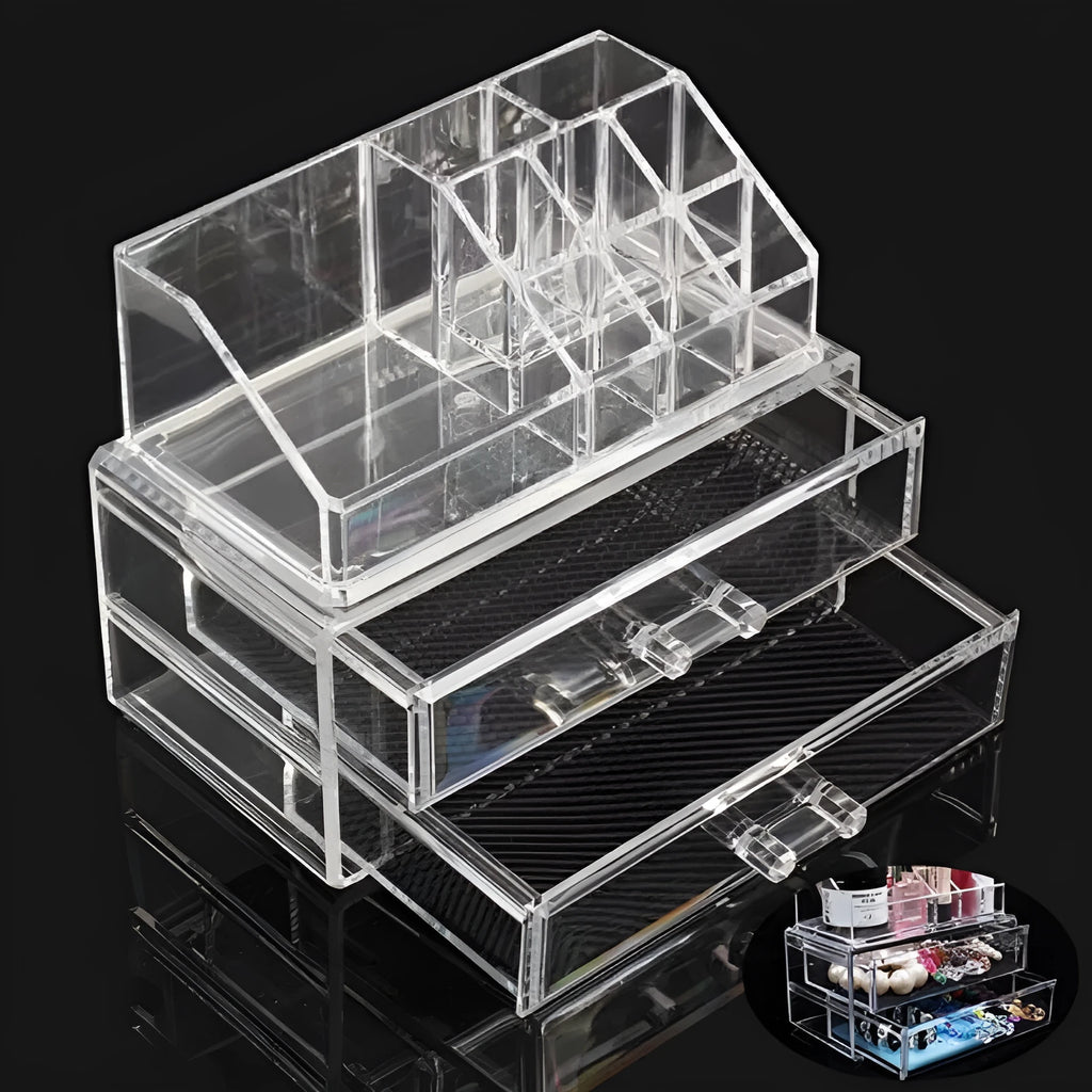 Transparent acrylic makeup storage organiser box with foldable design and 18-litre capacity