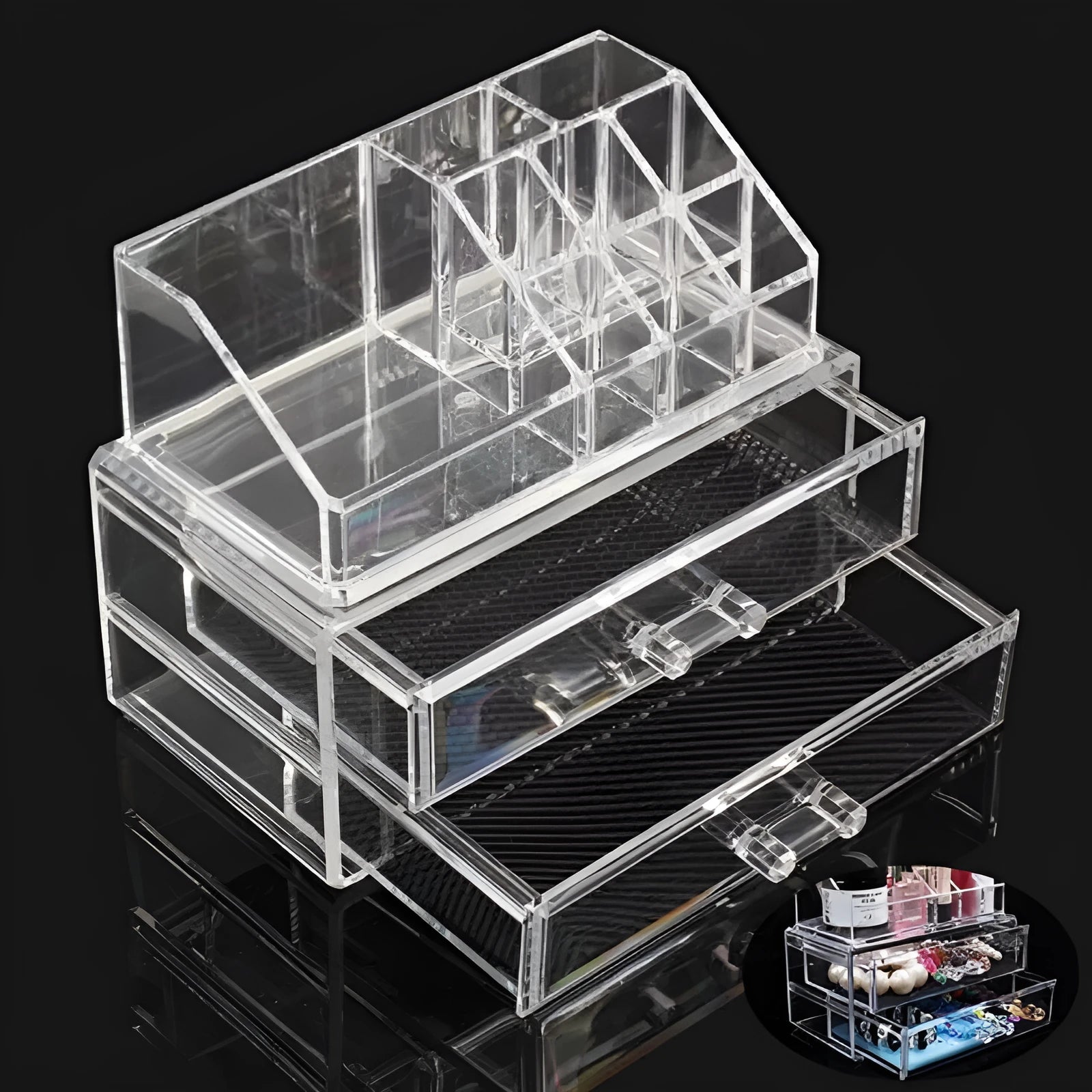Transparent acrylic makeup storage organiser box with foldable design and 18-litre capacity