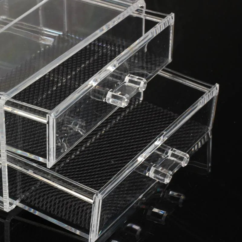 Transparent acrylic makeup storage organiser box with foldable design and 18-litre capacity
