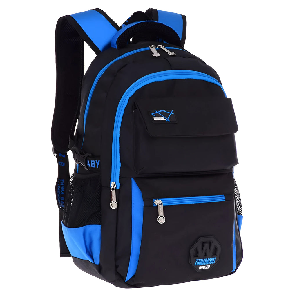 Waterproof nylon school backpack for students with multiple compartments in assorted colours