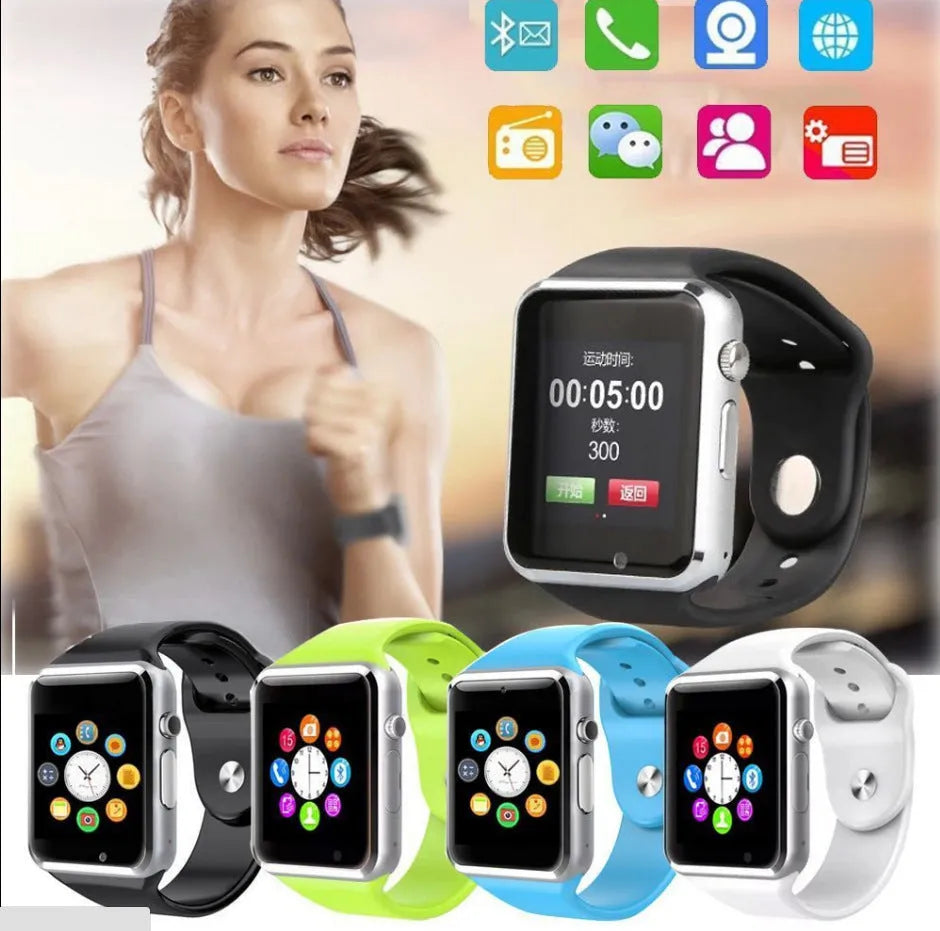 A1 Smart Watch for Android with 1.54-inch screen, Bluetooth, GSM SIM slot, and camera in multiple colours.