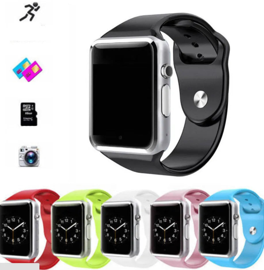 A1 Smart Watch for Android with 1.54-inch screen, Bluetooth, GSM SIM slot, and camera in multiple colours.