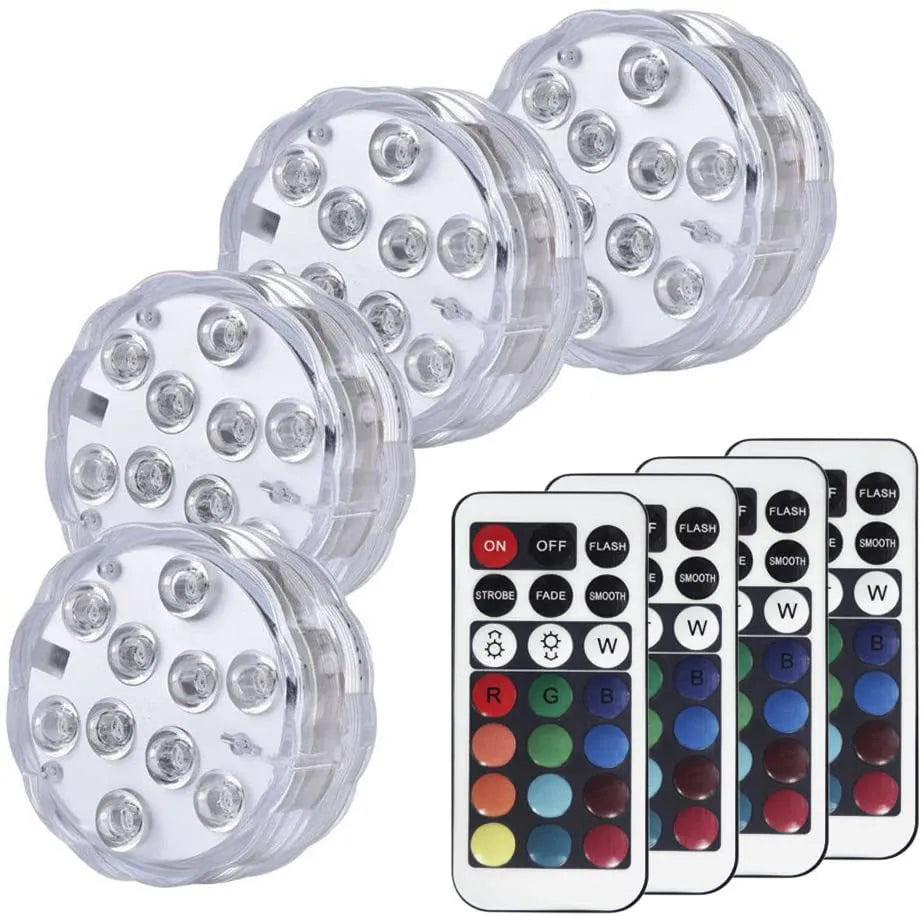 White IP68 waterproof remote control diving light with LED beads for pools and gardens.