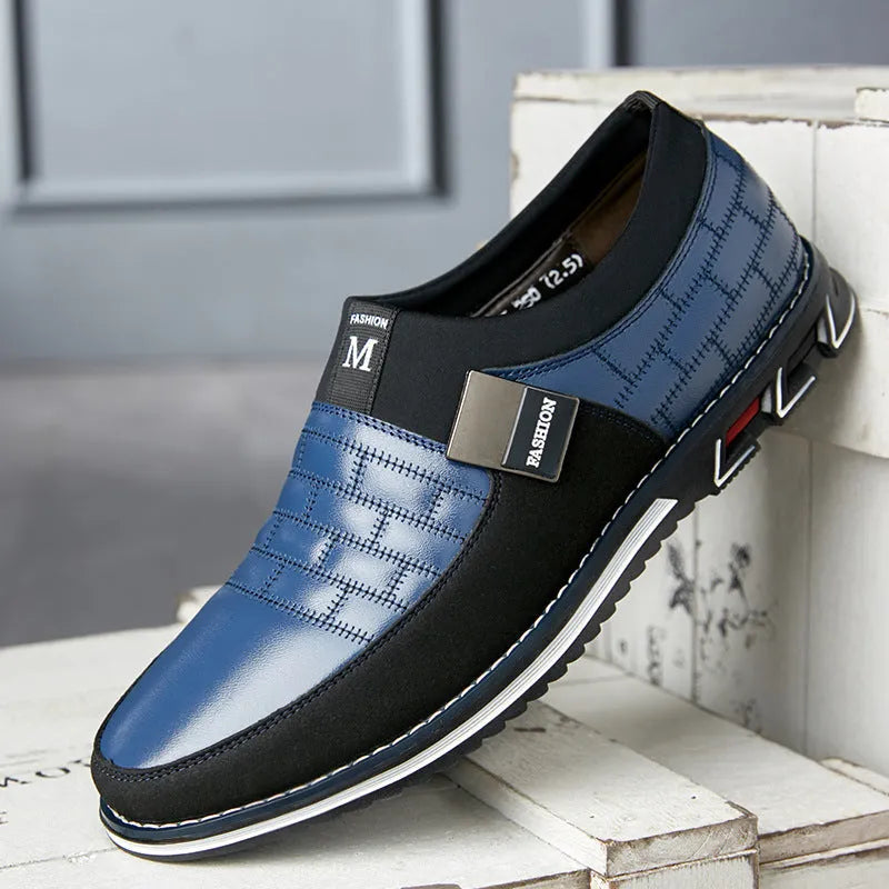 Men's blue casual leather shoes with low-cut design, shown in a large size on a white background.