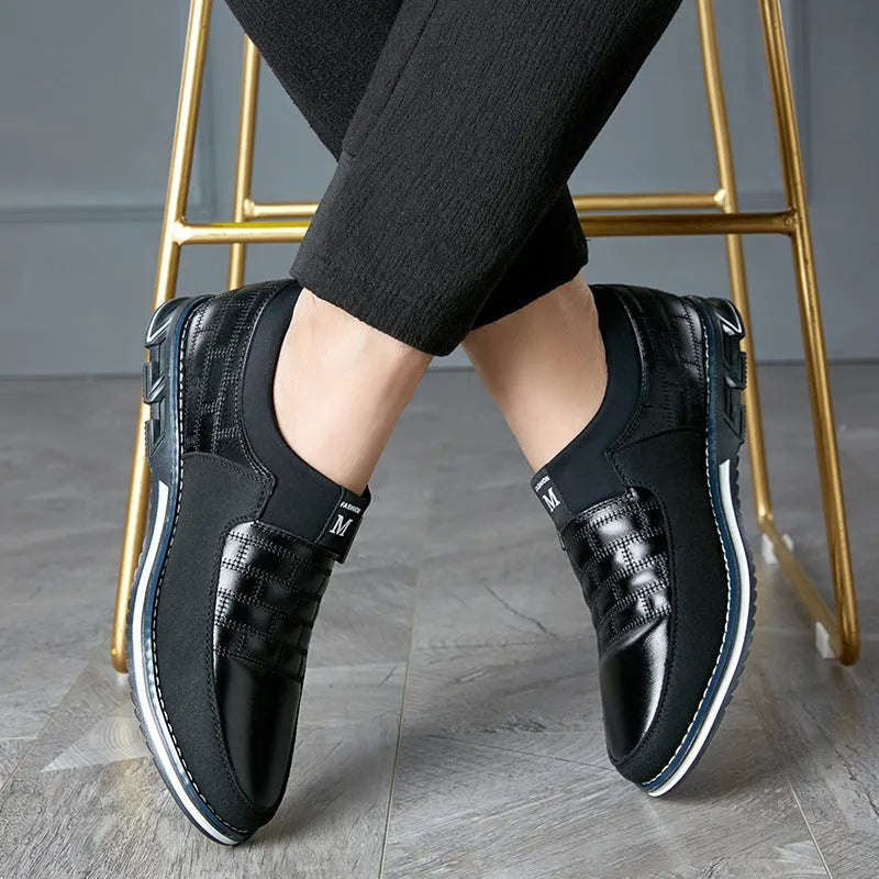 Men's blue casual leather shoes with low-cut design, shown in a large size on a white background.