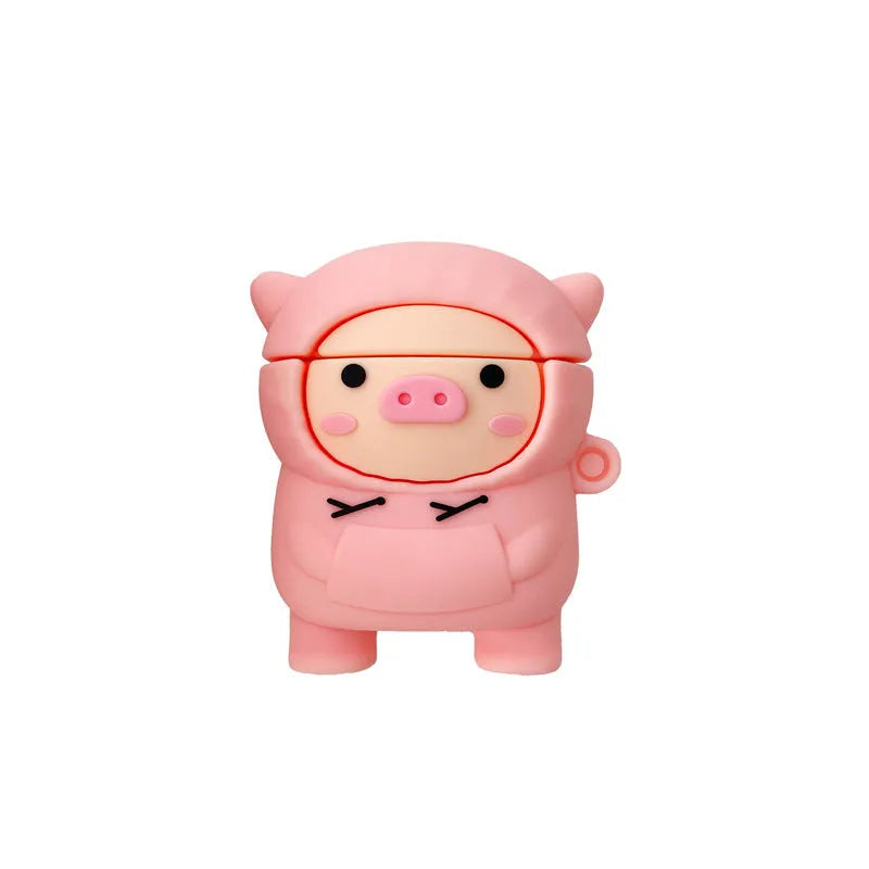 Pink silicone AirPods case with cartoon pig design, flip cover, and carrying hook compatible with Apple AirPods 1, 2, and Pro