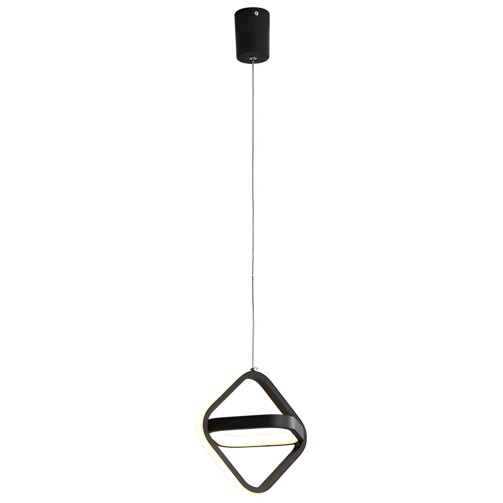 Modern black iron bedside lamp with a square shade and remote control on a wooden table.