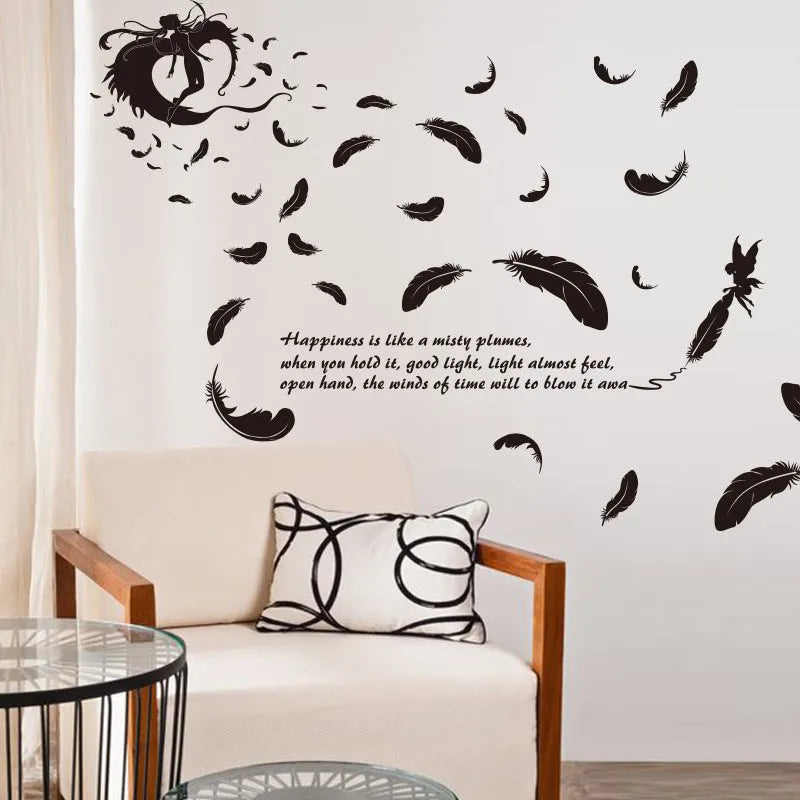 Black feather angel removable wall stickers measuring 50x70 cm for bedroom and living room decoration