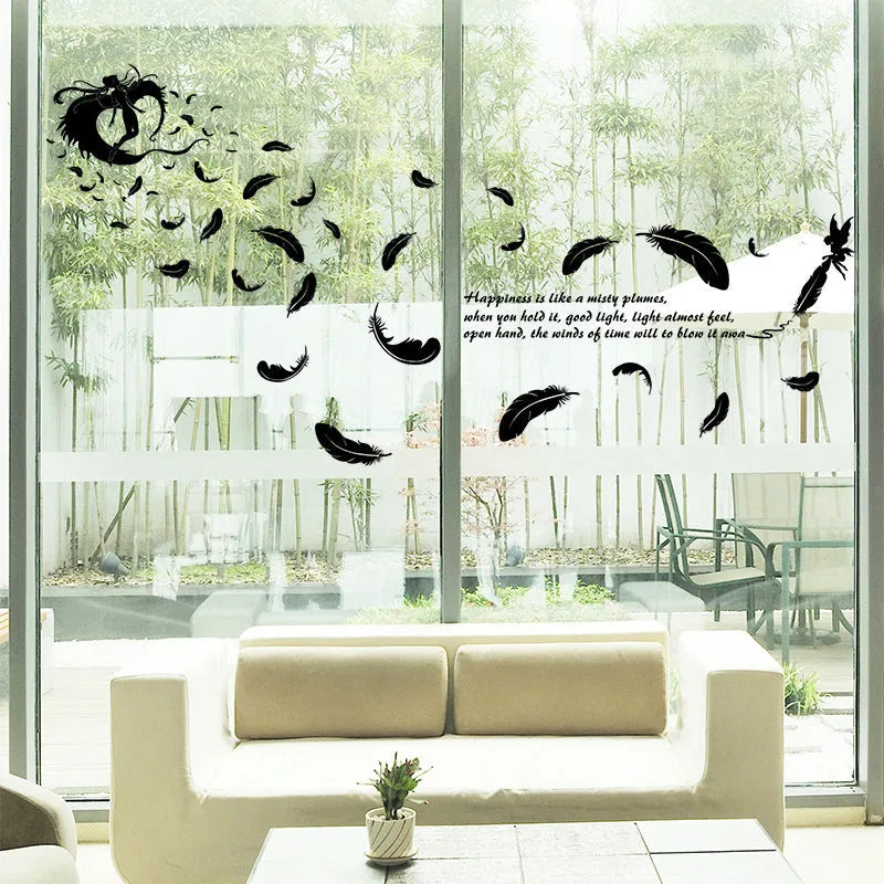 Black feather angel removable wall stickers measuring 50x70 cm for bedroom and living room decoration