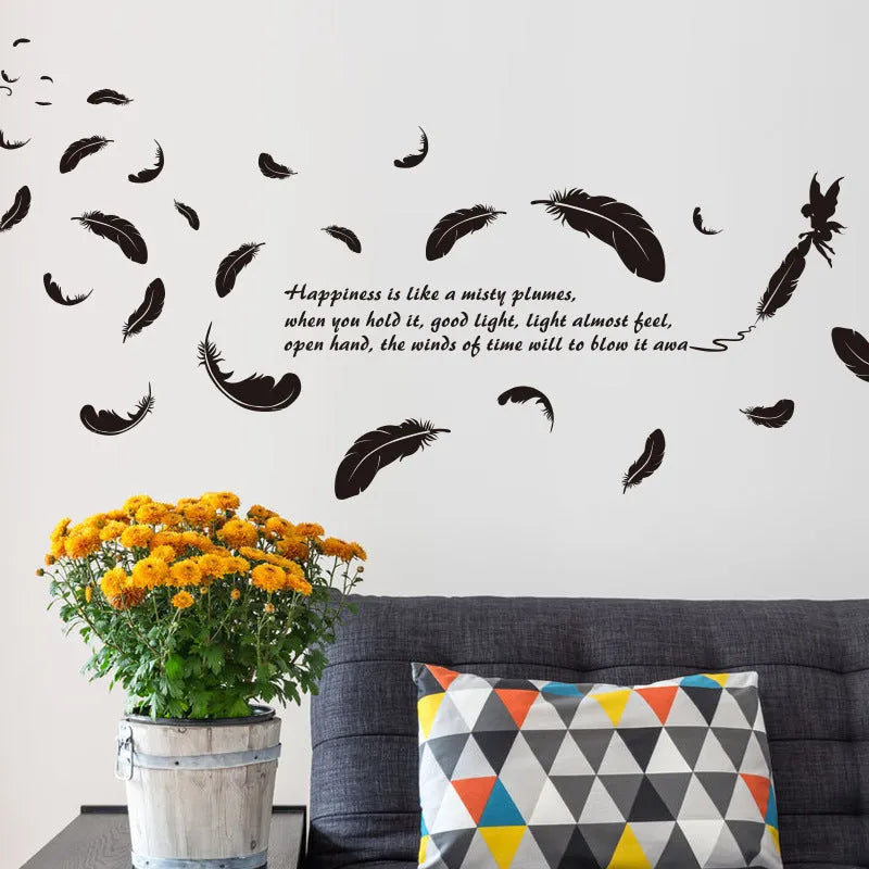Black feather angel removable wall stickers measuring 50x70 cm for bedroom and living room decoration
