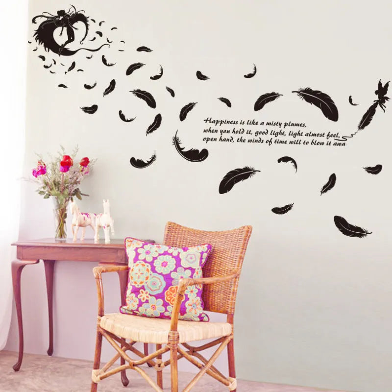 Black feather angel removable wall stickers measuring 50x70 cm for bedroom and living room decoration