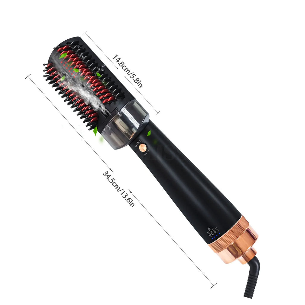 Black and pink ionic hot air styling brush with tourmaline ceramic heat conductor and infrared technology