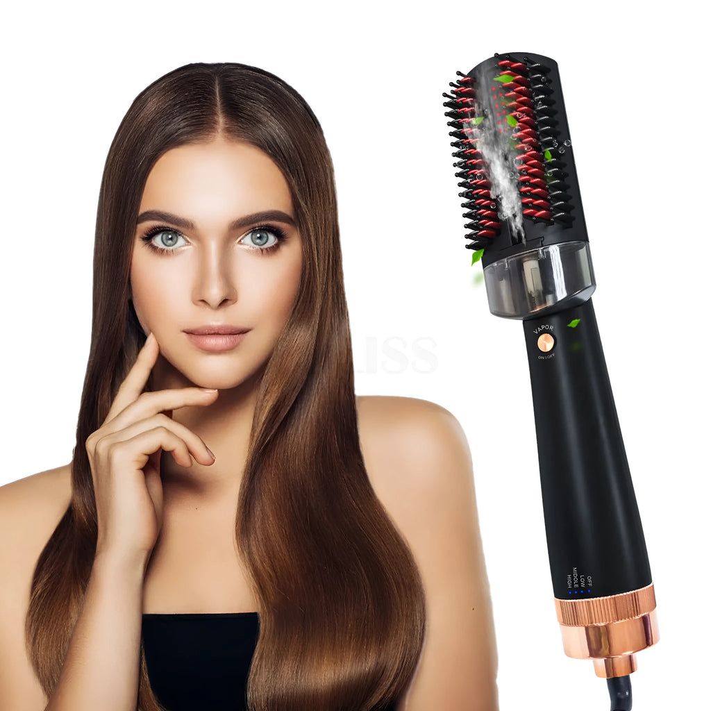 Black and pink ionic hot air styling brush with tourmaline ceramic heat conductor and infrared technology