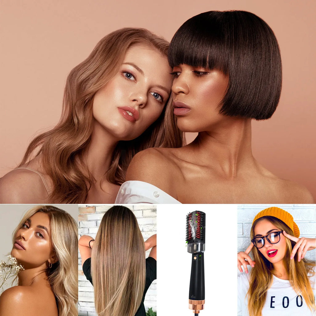Black and pink ionic hot air styling brush with tourmaline ceramic heat conductor and infrared technology