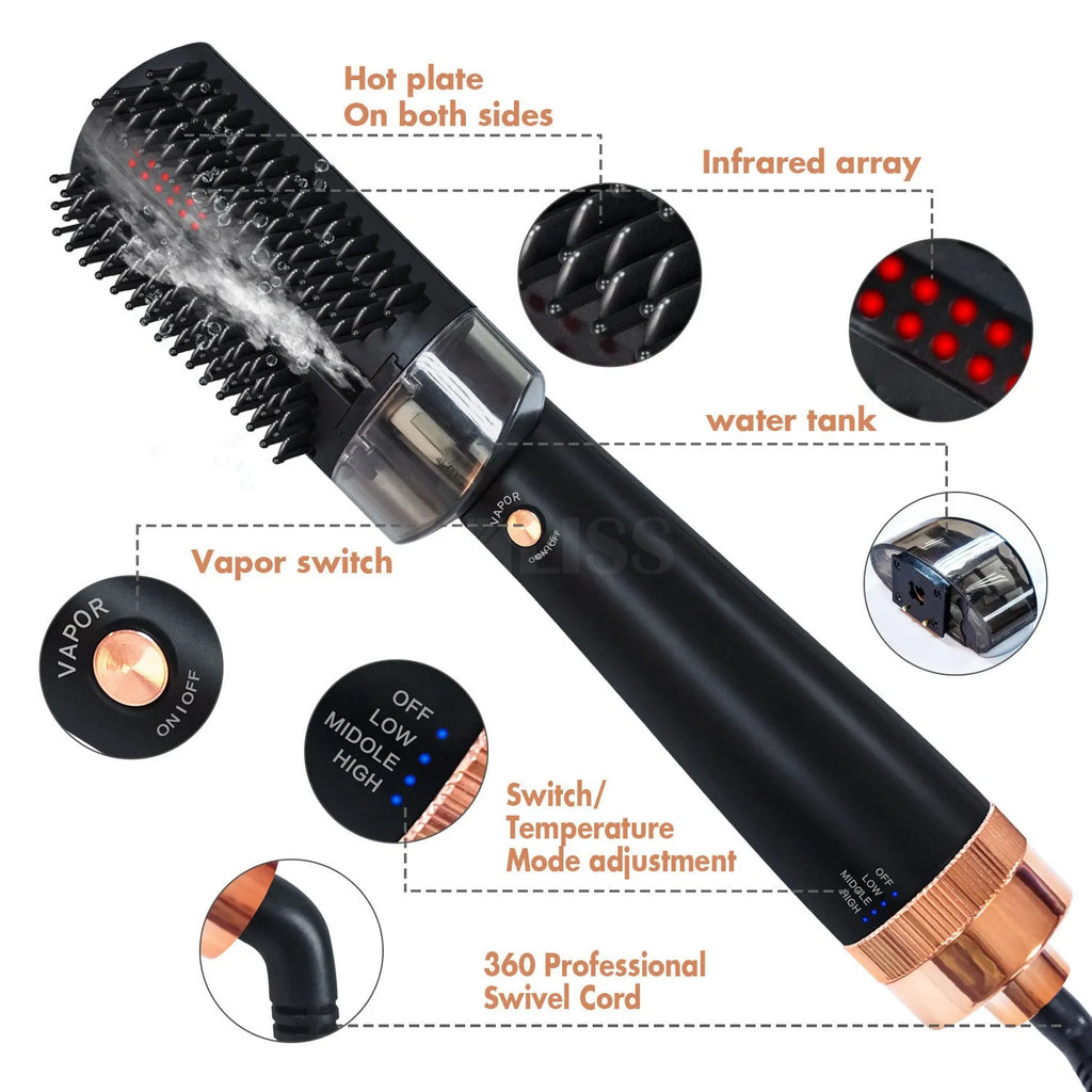Black and pink ionic hot air styling brush with tourmaline ceramic heat conductor and infrared technology