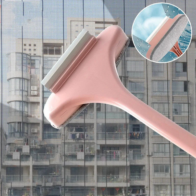 Window screen cleaning brush with triangular head and 92cm handle in blue colour