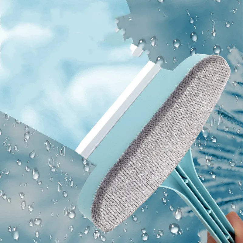 Window screen cleaning brush with triangular head and 92cm handle in blue colour