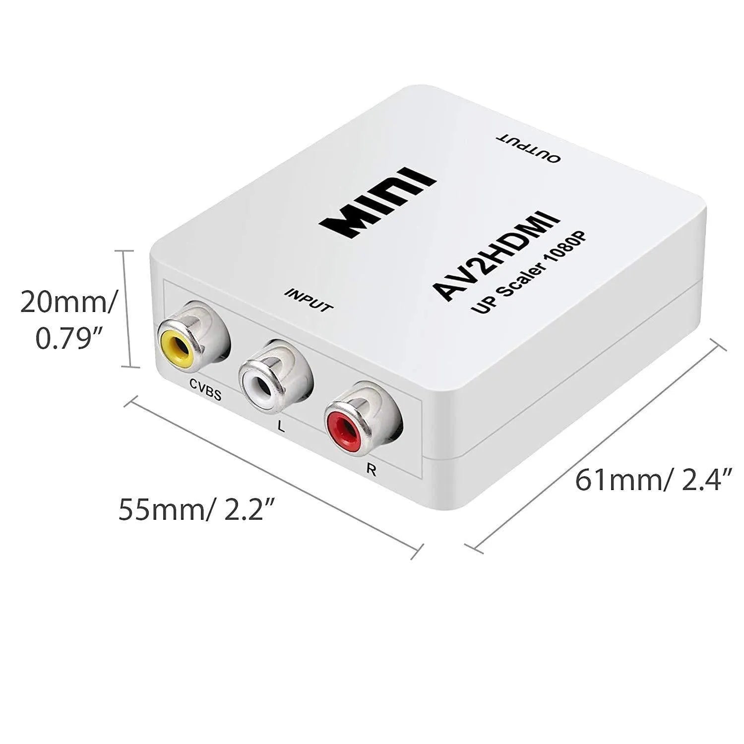 Small white AV to HDMI converter box with red, white, and yellow RCA inputs and a short black HDMI cable.