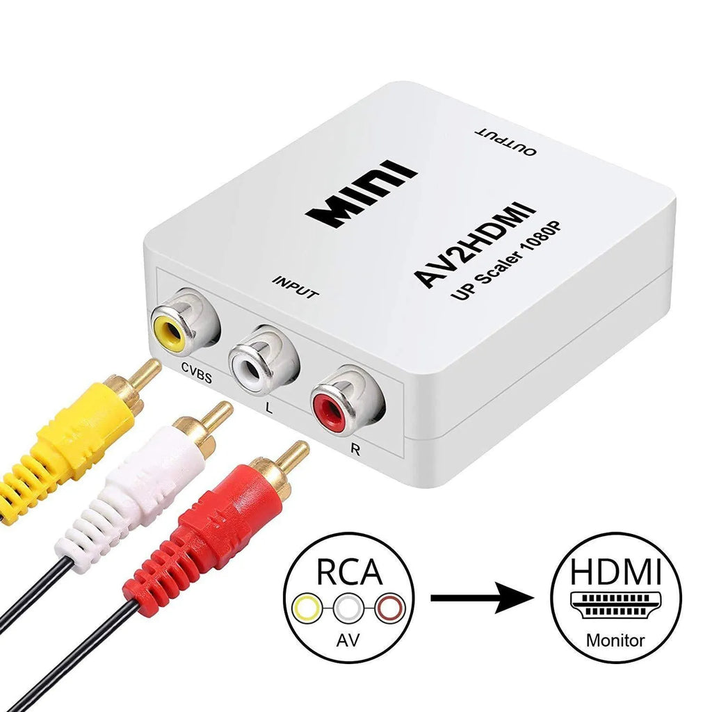 Small white AV to HDMI converter box with red, white, and yellow RCA inputs and a short black HDMI cable.