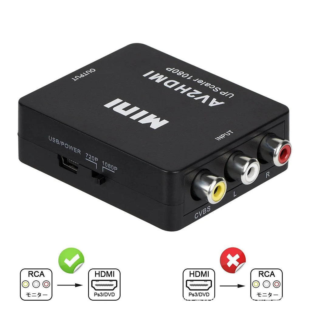Small white AV to HDMI converter box with red, white, and yellow RCA inputs and a short black HDMI cable.