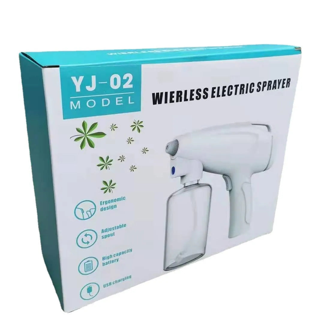 White cordless handheld disinfectant spray gun with USB-C charging port and bottle attached.