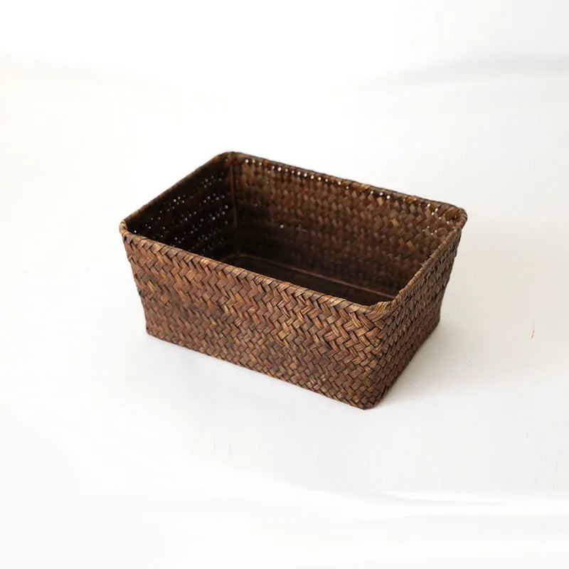 Natural straw woven desk storage box for pens and cosmetics organisation in multiple size options