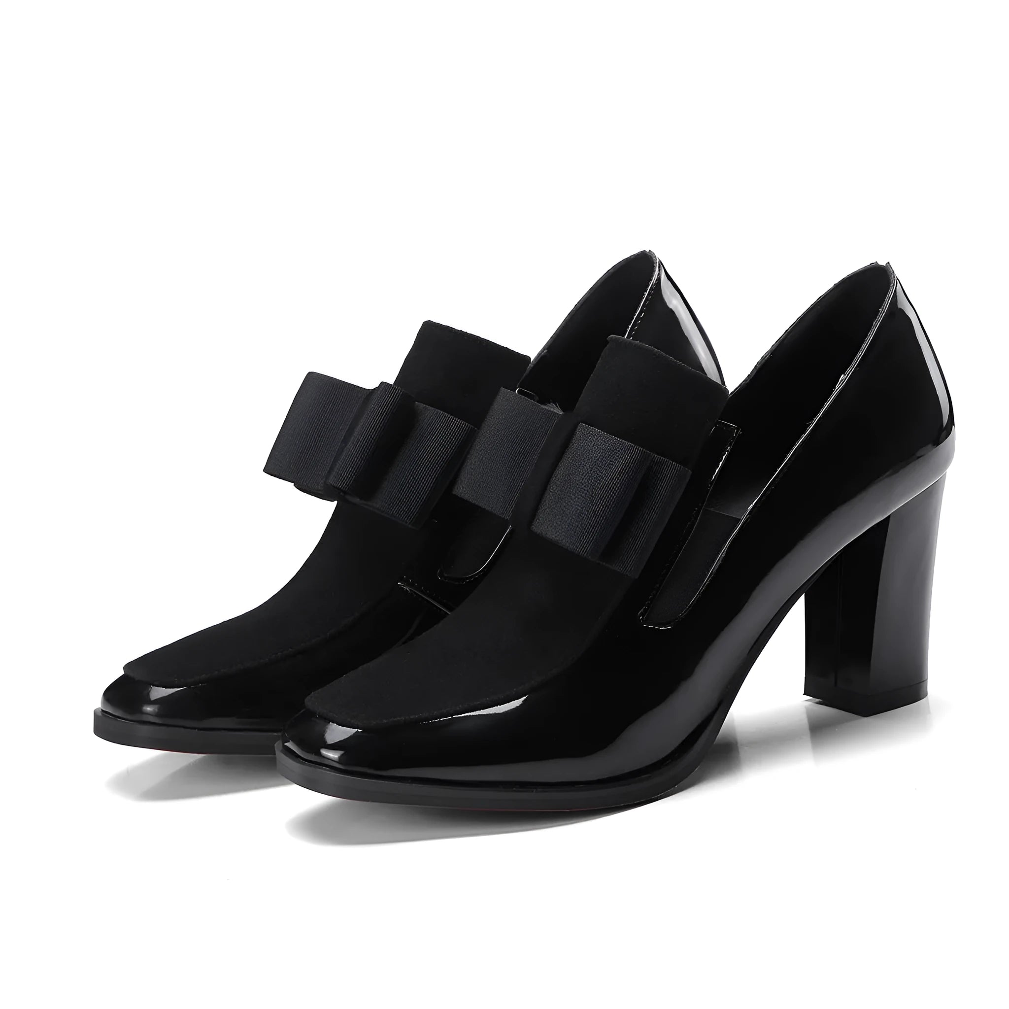 Women's large size high heel shoes with thick 8cm heel in black patent leather