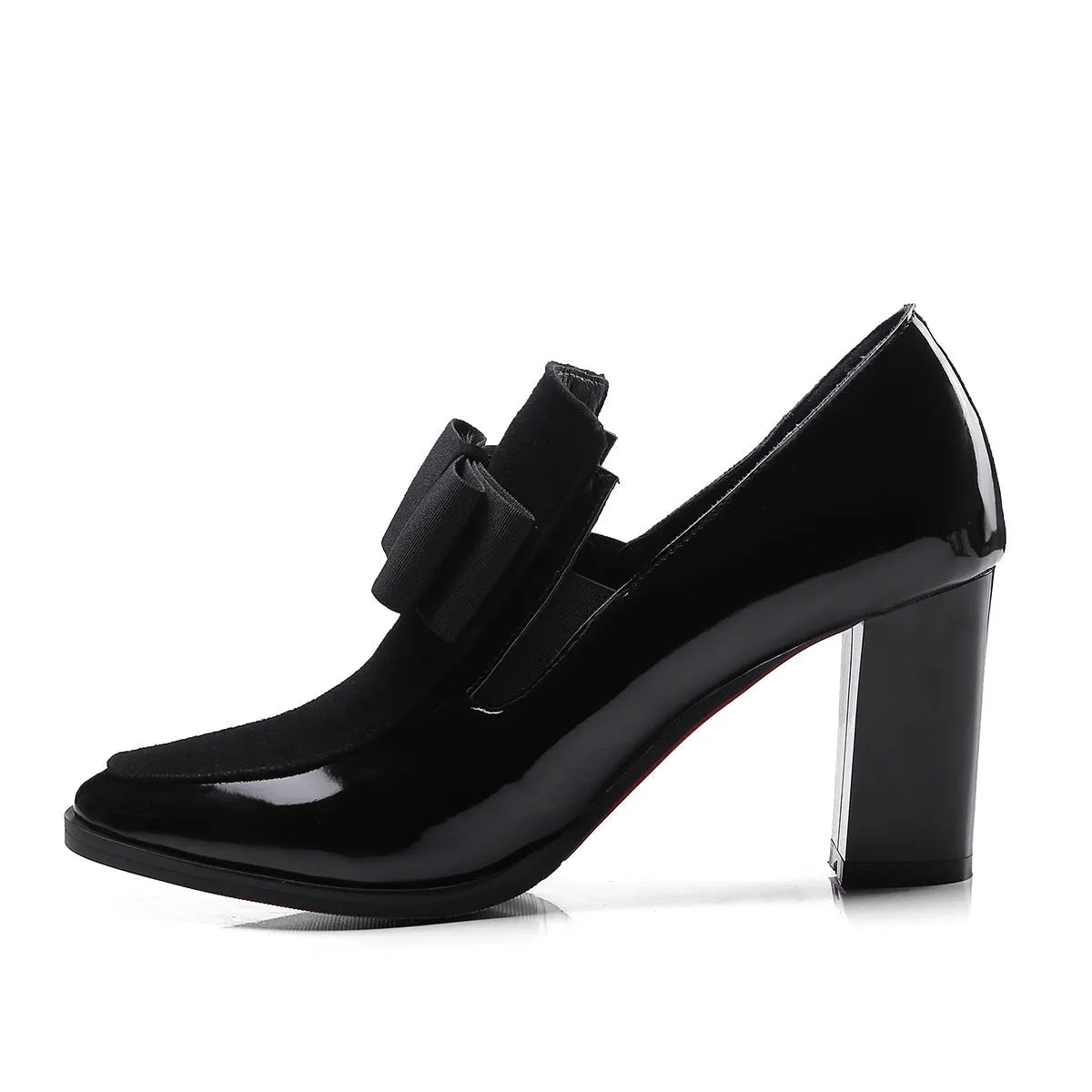 Women's large size high heel shoes with thick 8cm heel in black patent leather