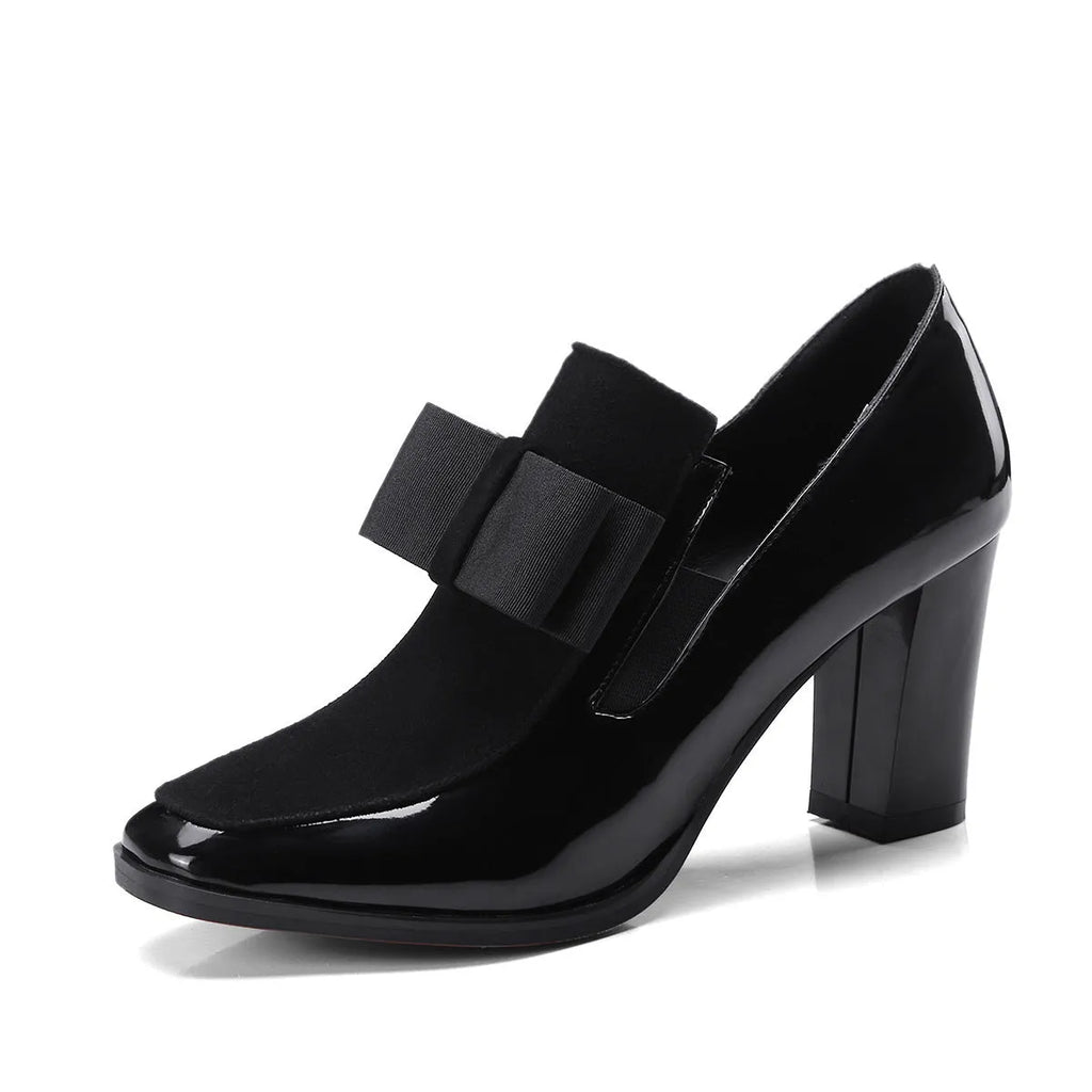 Women's large size high heel shoes with thick 8cm heel in black patent leather