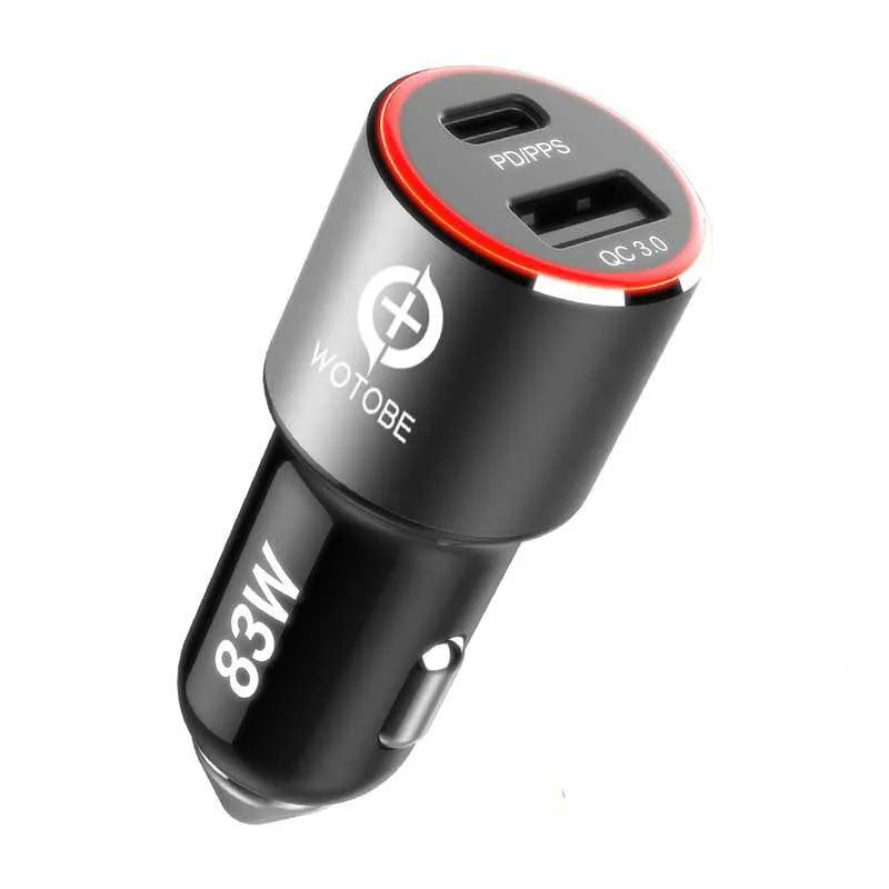 83W dual-port car charger with USB C and QC3.0 ports for laptop and smartphone charging