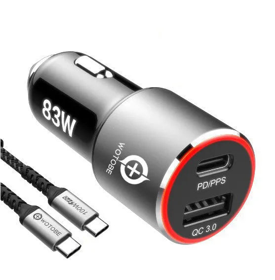 83W dual-port car charger with USB C and QC3.0 ports for laptop and smartphone charging