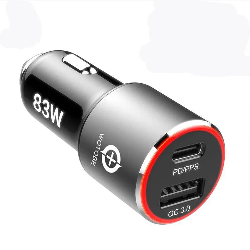 83W dual-port car charger with USB C and QC3.0 ports for laptop and smartphone charging