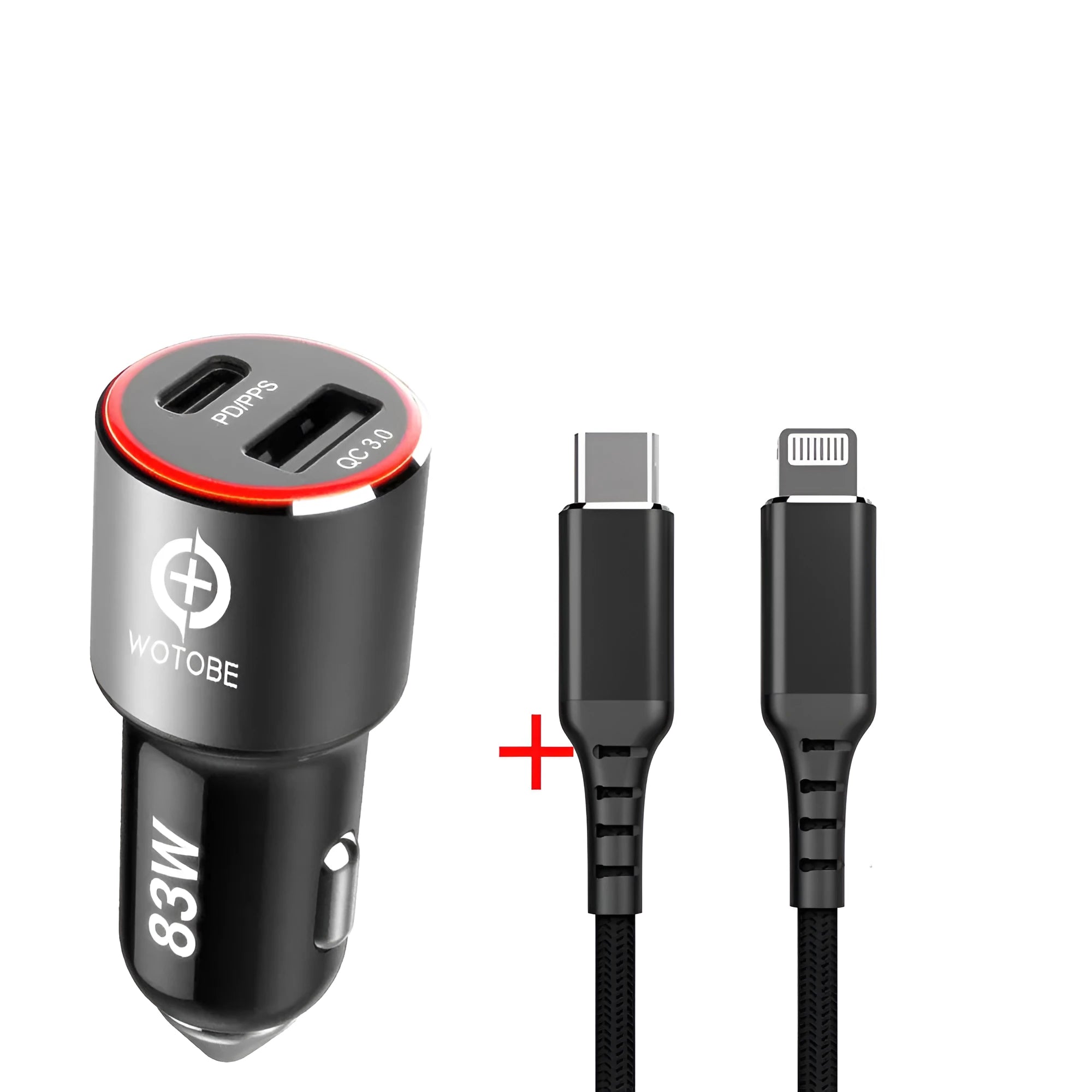 83W dual-port car charger with USB C and QC3.0 ports for laptop and smartphone charging