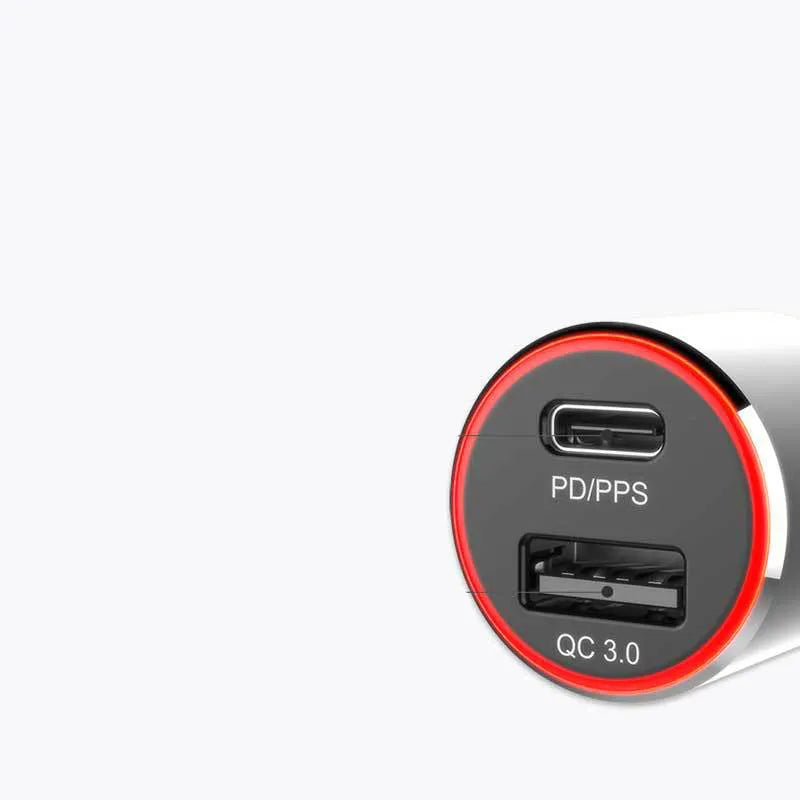83W dual-port car charger with USB C and QC3.0 ports for laptop and smartphone charging