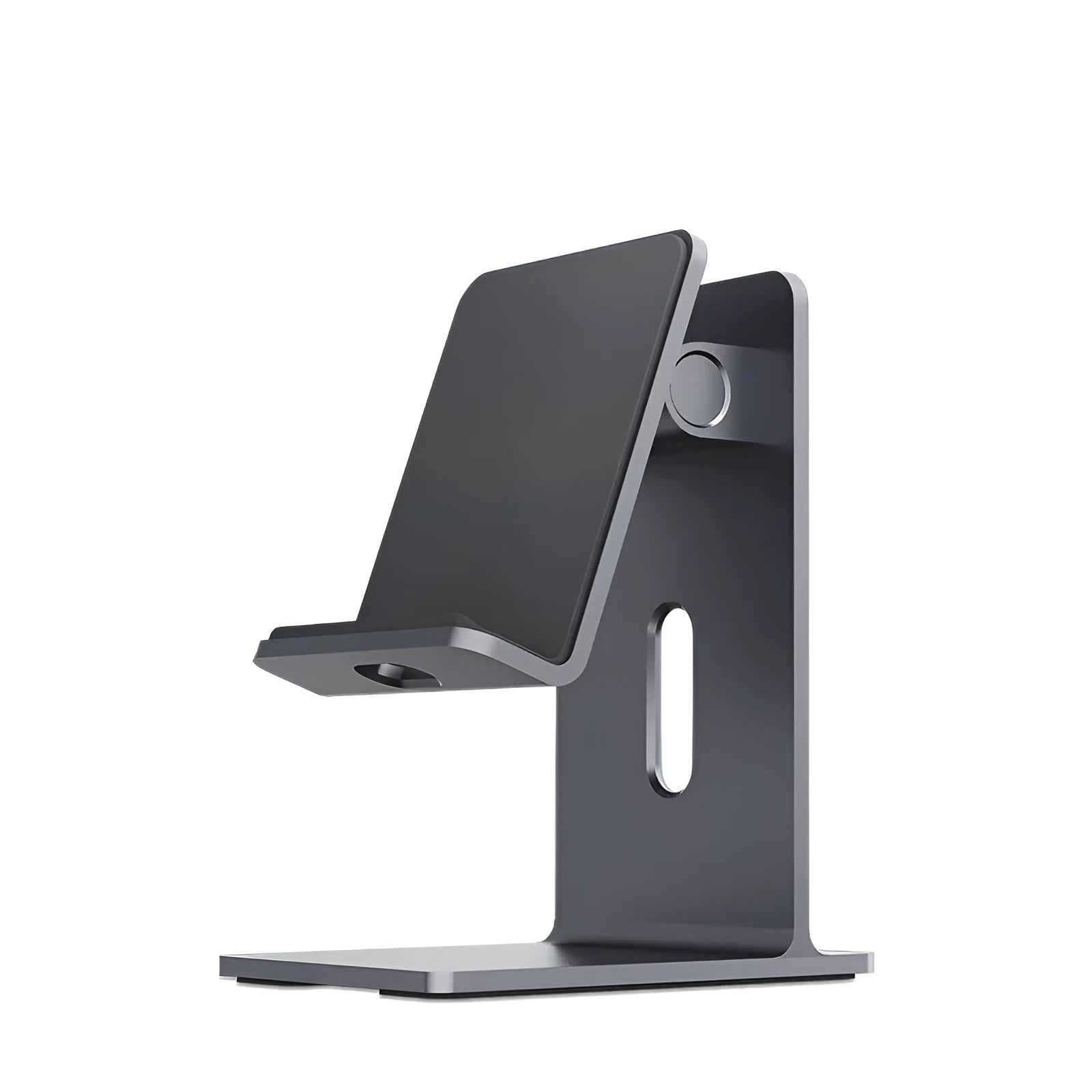 Dark grey alloy mobile phone holder holding a smartphone on a desktop.