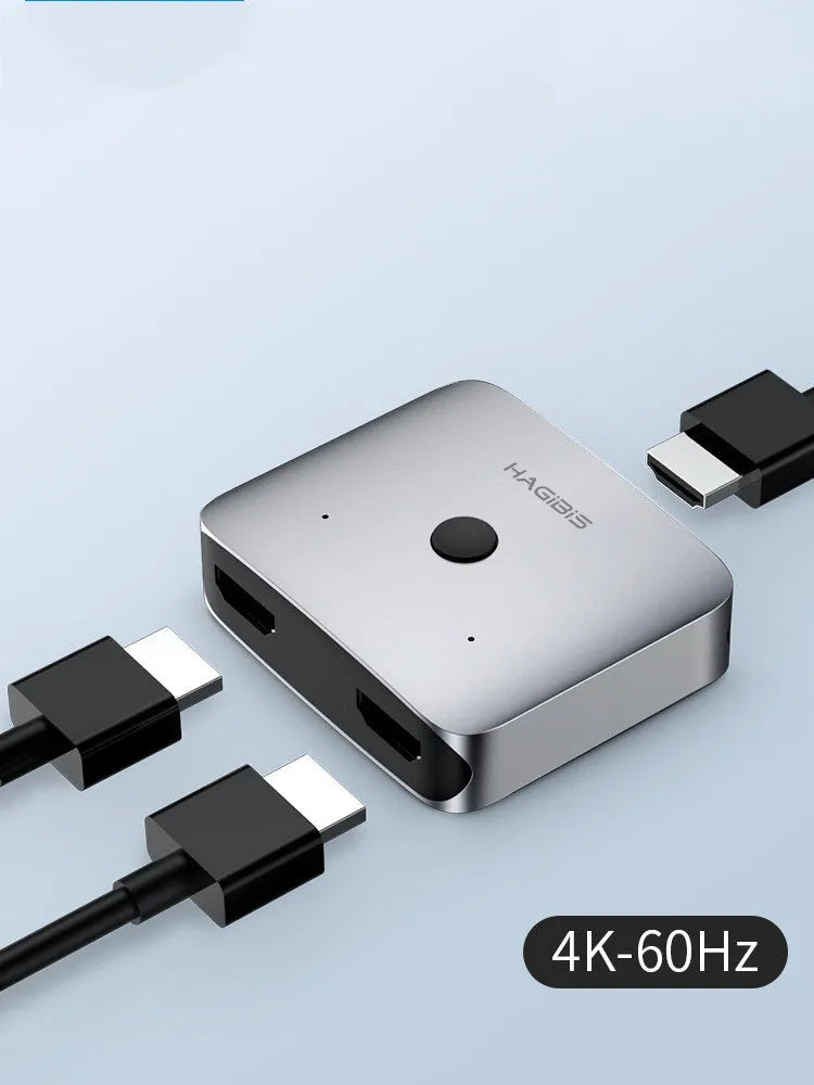 Grey Haibeisi HDMI switcher splitter device with multiple HDMI ports for 4K video sharing.
