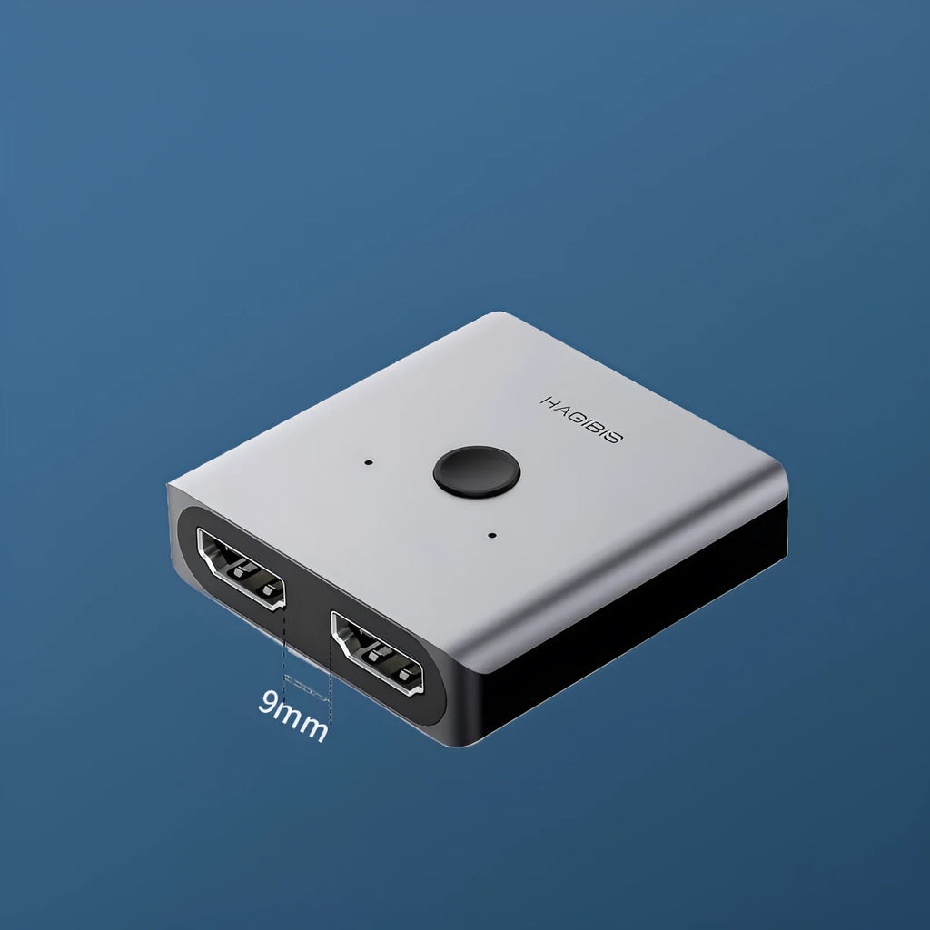 Grey Haibeisi HDMI switcher splitter device with multiple HDMI ports for 4K video sharing.