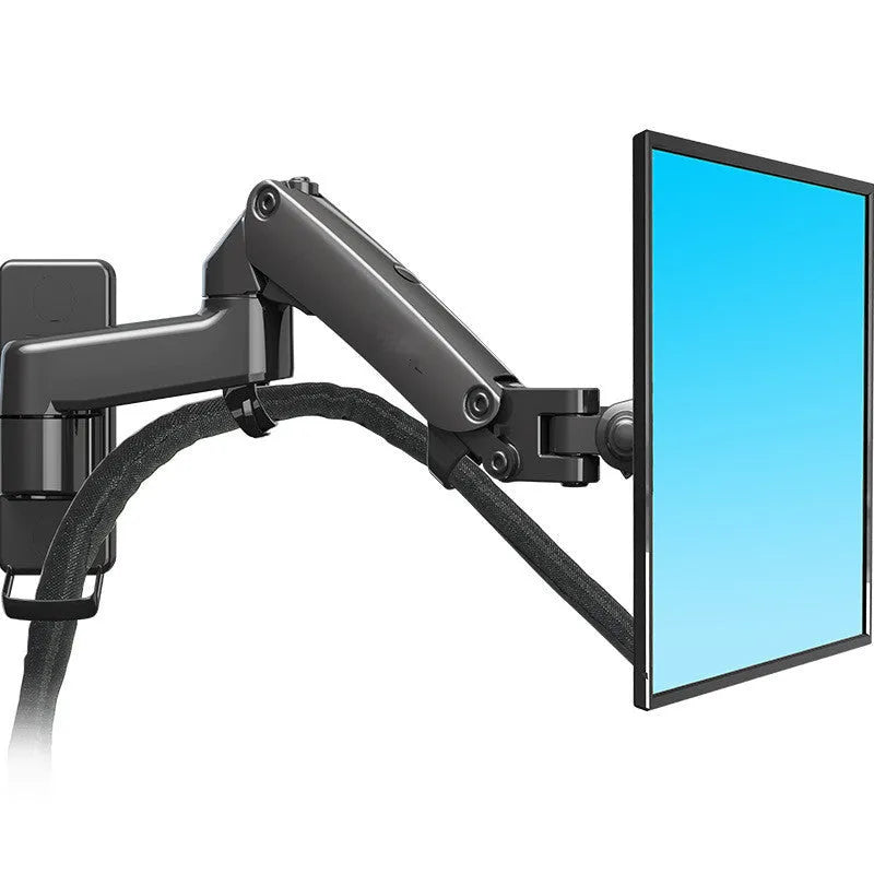 Black wall-mounted computer monitor stand with lifting, telescopic and rotating adjustment capabilities
