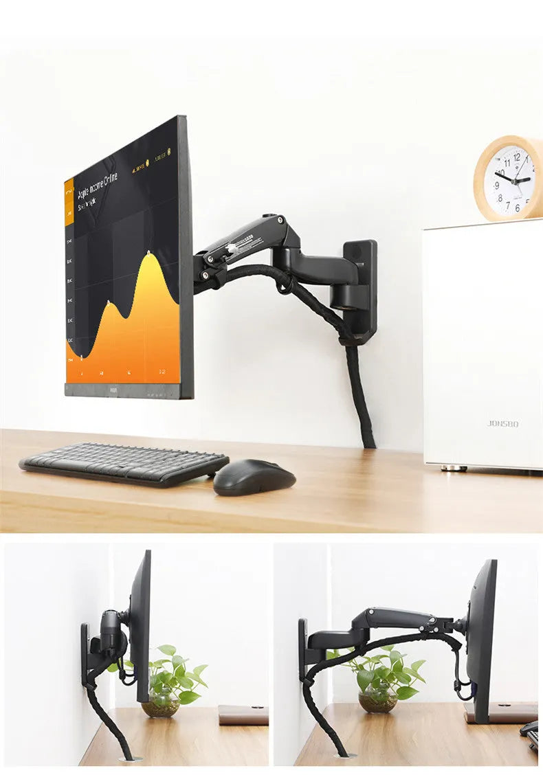 Black wall-mounted computer monitor stand with lifting, telescopic and rotating adjustment capabilities