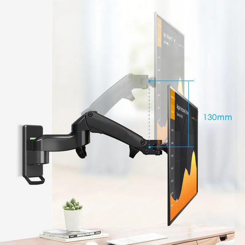 Black wall-mounted computer monitor stand with lifting, telescopic and rotating adjustment capabilities