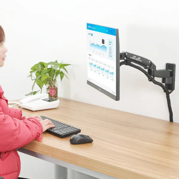 Black wall-mounted computer monitor stand with lifting, telescopic and rotating adjustment capabilities