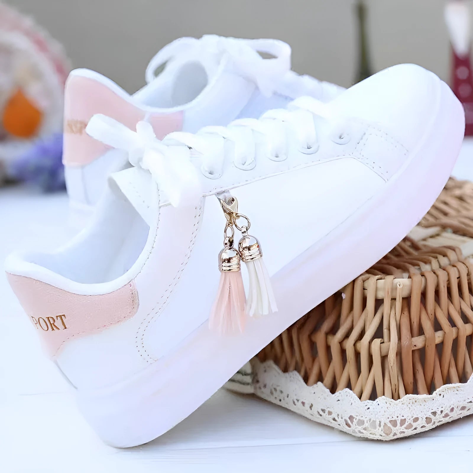 Women's white mesh casual fashion shoe with rubber sole, shown in pink and black colour options.