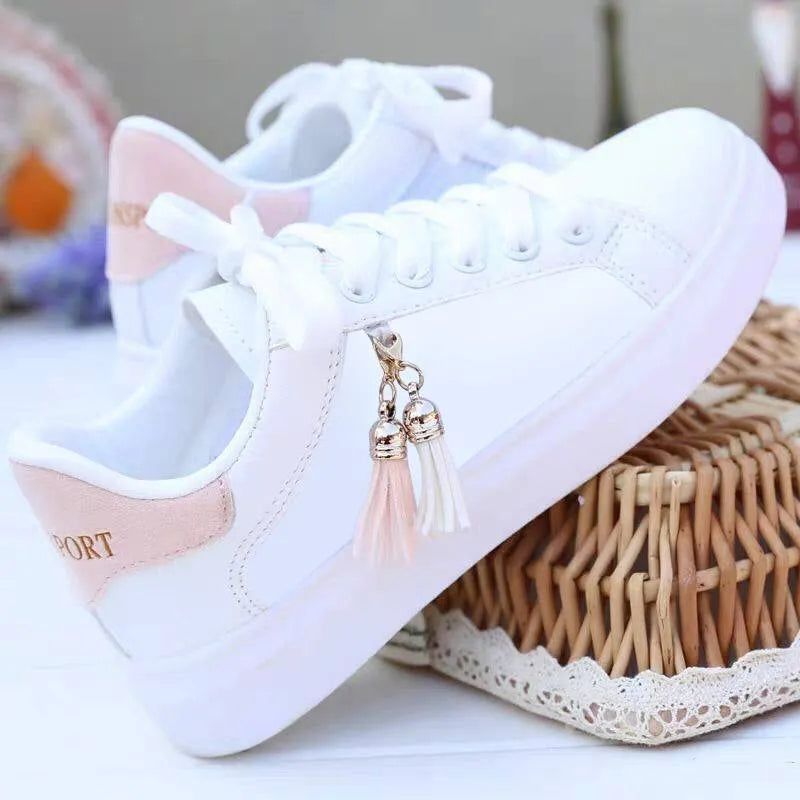 Women's white mesh casual fashion shoe with rubber sole, shown in pink and black colour options.