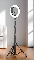 Carbon alloy mobile phone live tripod with true carbon steel bracket, selfie remote, and 10 inch lamp on white background